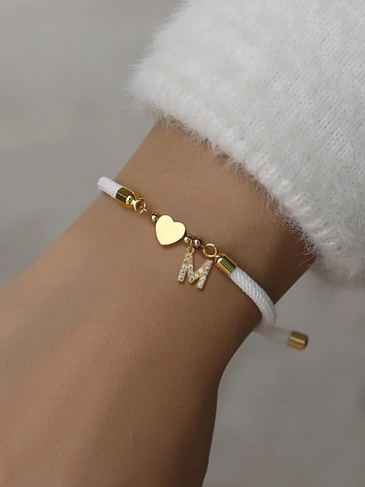 Initial Heart Charm Letter Link Bracelet, Fashion All-Match Jewelry for Women, Retro Adjustable Rope Bracelet for Daily Use