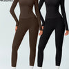Two-Piece Set Women'S Patchwork High Elastic Soft round Neck Flat Shoulder Long Sleeve Slim Fit Beautiful Hip Tight Pants Yoga Clothes Suit Workout Running Clothes Four Seasons Outdoor Running Cycling Hiking Walking Shopping Fashion Suit Gym