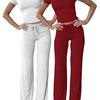 Women'S Basic Solid Short Sleeve Two-Piece Set, Casual round Neck Crop Tee & Drawstring High Waist Trousers for Daily Wear, Ladies Summer Clothes, Womenswear