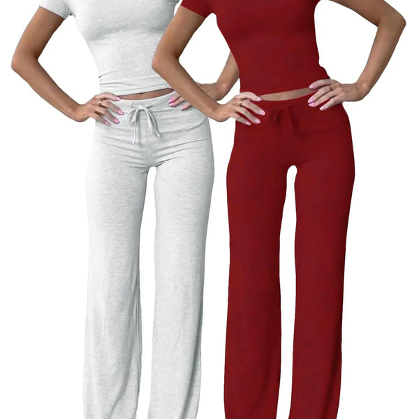 Women'S Basic Solid Short Sleeve Two-Piece Set, Casual round Neck Crop Tee & Drawstring High Waist Trousers for Daily Wear, Ladies Summer Clothes, Womenswear
