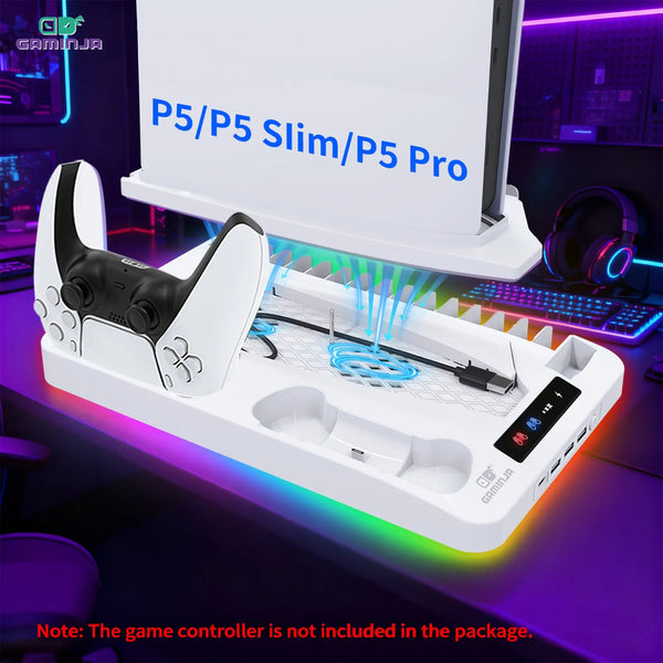 GAMINJA P58 Ladestation Kühlhalterung Kompatibel mit PS5 Konsole, Vertikalständer Lüfter, Multifunktionale Kühl- & Ladestation für PS5 Slim Pro Alle Modelle Universal #GLOBAL PICKS
