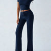 Women'S Basic Solid Short Sleeve Two-Piece Set, Casual round Neck Crop Tee & Drawstring High Waist Trousers for Daily Wear, Ladies Summer Clothes, Womenswear