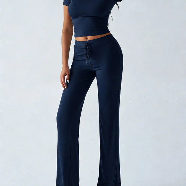 Women'S Basic Solid Short Sleeve Two-Piece Set, Casual round Neck Crop Tee & Drawstring High Waist Trousers for Daily Wear, Ladies Summer Clothes, Womenswear