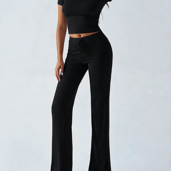 Women'S Basic Solid Short Sleeve Two-Piece Set, Casual round Neck Crop Tee & Drawstring High Waist Trousers for Daily Wear, Ladies Summer Clothes, Womenswear