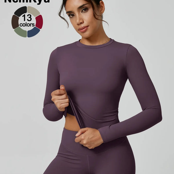 Two-Piece Set Women'S Patchwork High Elastic Soft round Neck Flat Shoulder Long Sleeve Slim Fit Beautiful Hip Tight Pants Yoga Clothes Suit Workout Running Clothes Four Seasons Outdoor Running Cycling Hiking Walking Shopping Fashion Suit Gym