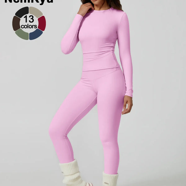 Two-Piece Set Women'S Patchwork High Elastic Soft round Neck Flat Shoulder Long Sleeve Slim Fit Beautiful Hip Tight Pants Yoga Clothes Suit Workout Running Clothes Four Seasons Outdoor Running Cycling Hiking Walking Shopping Fashion Suit Gym