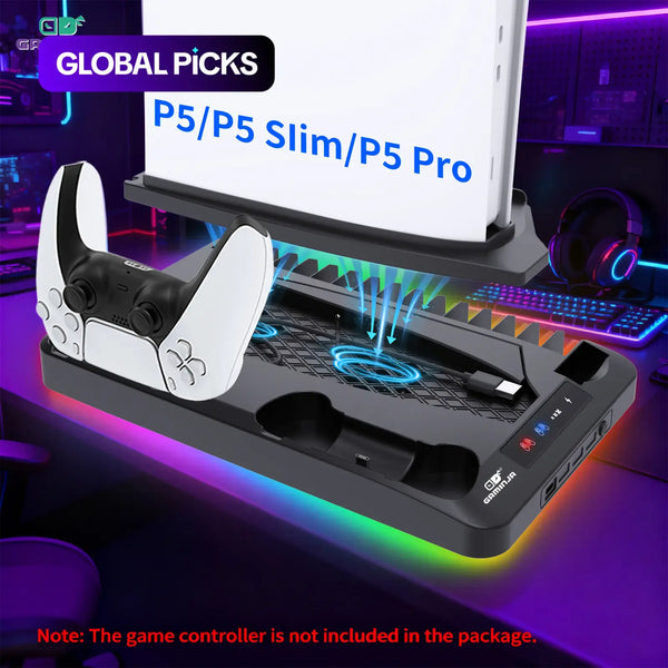 GAMINJA P58 Ladestation Kühlhalterung Kompatibel mit PS5 Konsole, Vertikalständer Lüfter, Multifunktionale Kühl- & Ladestation für PS5 Slim Pro Alle Modelle Universal #GLOBAL PICKS