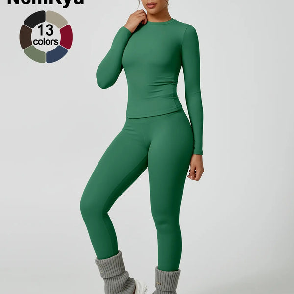 Two-Piece Set Women'S Patchwork High Elastic Soft round Neck Flat Shoulder Long Sleeve Slim Fit Beautiful Hip Tight Pants Yoga Clothes Suit Workout Running Clothes Four Seasons Outdoor Running Cycling Hiking Walking Shopping Fashion Suit Gym