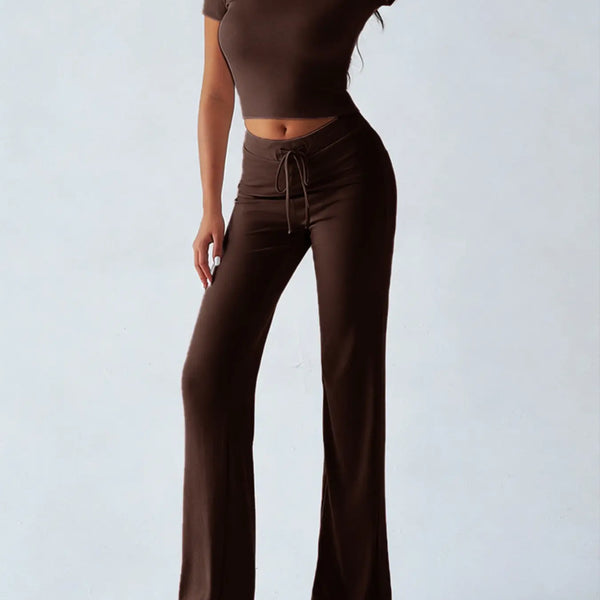 Women'S Basic Solid Short Sleeve Two-Piece Set, Casual round Neck Crop Tee & Drawstring High Waist Trousers for Daily Wear, Ladies Summer Clothes, Womenswear