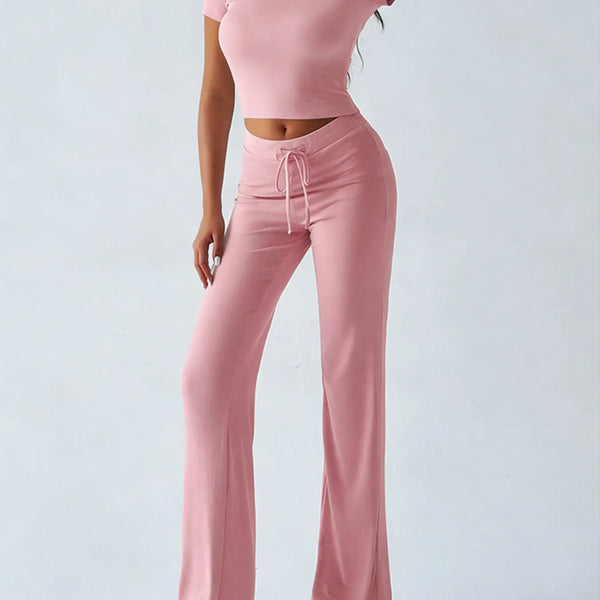 Women'S Basic Solid Short Sleeve Two-Piece Set, Casual round Neck Crop Tee & Drawstring High Waist Trousers for Daily Wear, Ladies Summer Clothes, Womenswear