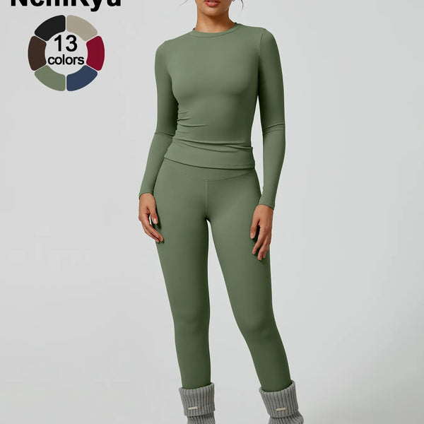 Two-Piece Set Women'S Patchwork High Elastic Soft round Neck Flat Shoulder Long Sleeve Slim Fit Beautiful Hip Tight Pants Yoga Clothes Suit Workout Running Clothes Four Seasons Outdoor Running Cycling Hiking Walking Shopping Fashion Suit Gym