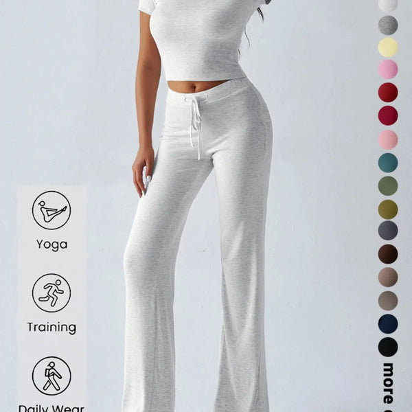 Women'S Basic Solid Short Sleeve Two-Piece Set, Casual round Neck Crop Tee & Drawstring High Waist Trousers for Daily Wear, Ladies Summer Clothes, Womenswear