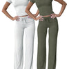 Women'S Basic Solid Short Sleeve Two-Piece Set, Casual round Neck Crop Tee & Drawstring High Waist Trousers for Daily Wear, Ladies Summer Clothes, Womenswear