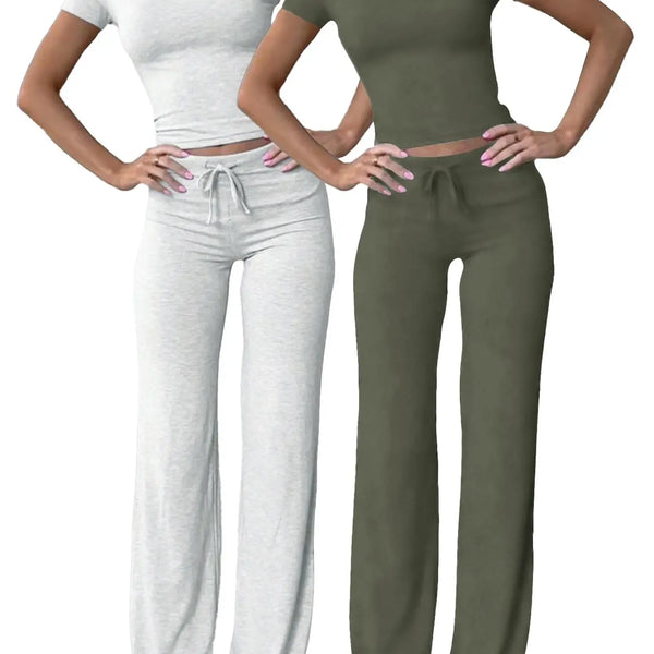 Women'S Basic Solid Short Sleeve Two-Piece Set, Casual round Neck Crop Tee & Drawstring High Waist Trousers for Daily Wear, Ladies Summer Clothes, Womenswear