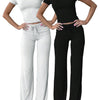 Women'S Basic Solid Short Sleeve Two-Piece Set, Casual round Neck Crop Tee & Drawstring High Waist Trousers for Daily Wear, Ladies Summer Clothes, Womenswear