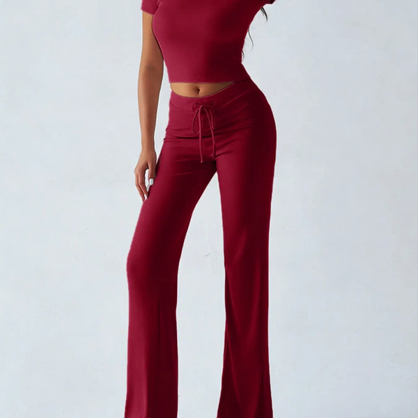 Women'S Basic Solid Short Sleeve Two-Piece Set, Casual round Neck Crop Tee & Drawstring High Waist Trousers for Daily Wear, Ladies Summer Clothes, Womenswear