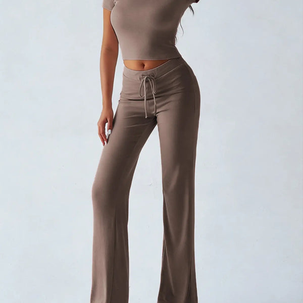 Women'S Basic Solid Short Sleeve Two-Piece Set, Casual round Neck Crop Tee & Drawstring High Waist Trousers for Daily Wear, Ladies Summer Clothes, Womenswear