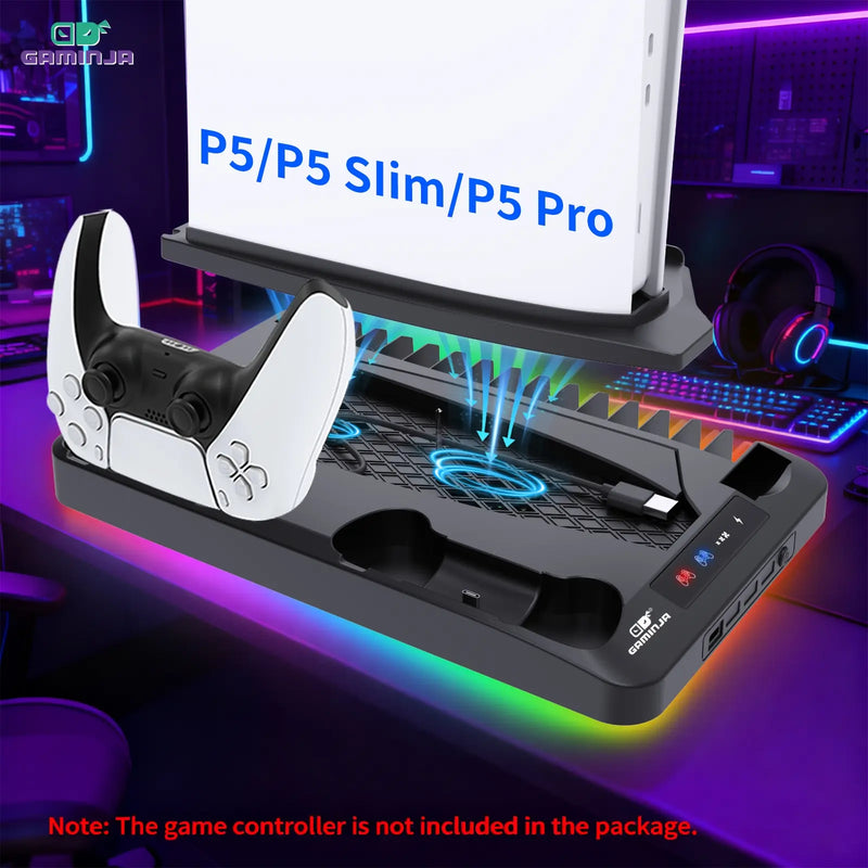 GAMINJA P58 Ladestation Kühlhalterung Kompatibel mit PS5 Konsole, Vertikalständer Lüfter, Multifunktionale Kühl- & Ladestation für PS5 Slim Pro Alle Modelle Universal #GLOBAL PICKS