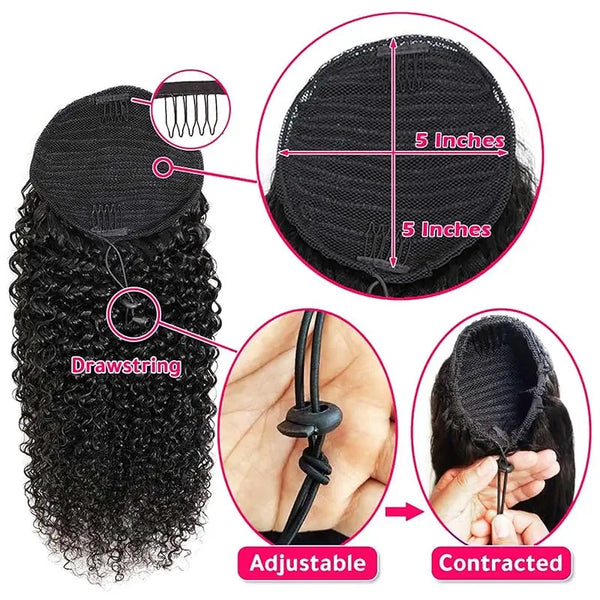 Curly Ponytail Extensions Deep Wave Drawstring Ponytail For Black Women Human Hair With Clip In Thick Ponytail Hair Natural #1B