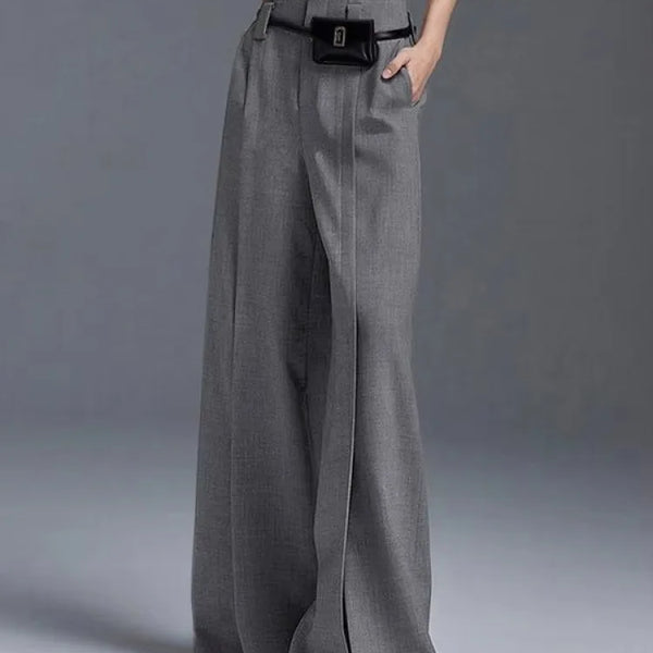 Yeezzi Urban Female Business Suit Pants 2025 New Fashion Black White Loose Straight Pant High-Waist Pleated Split-Front Trousers