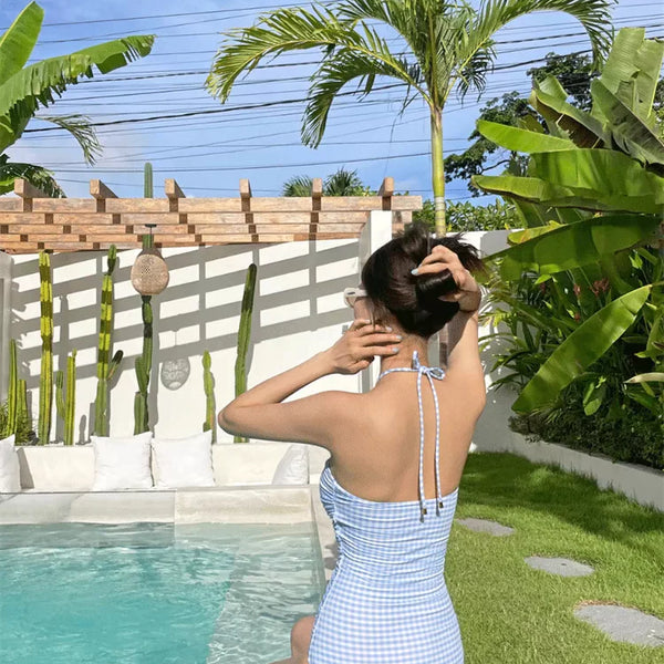 2024 New Women's One-Piece Swimsuit Blue Plaid Cover-Up Bikini Sexy Girl Style Comfortable Fit Swimming Suit Casual Swimwear