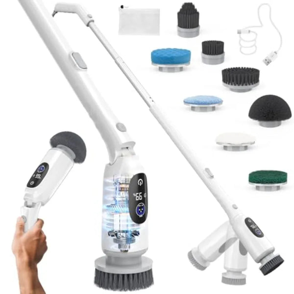 Electric Spin Scrubber Cordless Cleaning Brush 3H Work Time Bathroom Scrubber with LED Display 3-Speed Extendable Handle IPX7 W