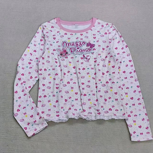 Lolita Print Tops Bow Cake Blouse Y2K JK Lolita Japan Kawaii Girl Cute Sweet Lace T-shirt A-line Spliced Cake Skirt New Chic