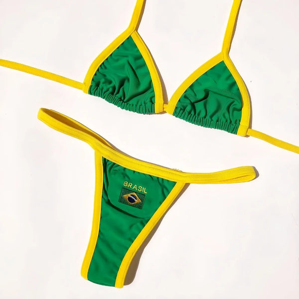 Women's Brasil Flag Print Bikini Set, Halter Triangle Top + Tanga Bottom, Brazilian Flag Two-Piece Swimwear, Y2K Beachwear