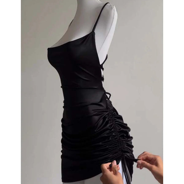 Sexy Sleeveless Backless Bodycon Mini Dress Women Summer Satin Lace Up Party Club Dresses Streetwear Evening Black Y2K 2025 Robe