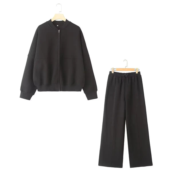 HH Women's Fall 2-Piece Retro Solid Color Zip Bomber Jacket Sweatshirt+High Waist Lace Up Women's Wide Leg Pants Street Wear