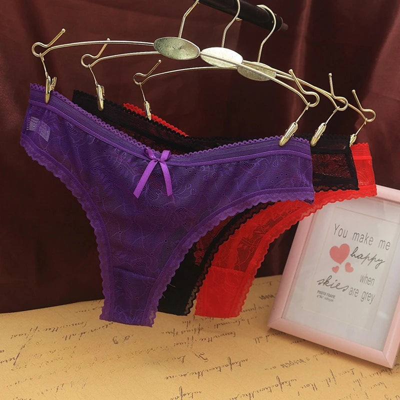 Women Sexy Lace Thong Breathable Women Underwear Cotton Crotch Seamless Panties with Bow Transparent G-string Трусы Женские