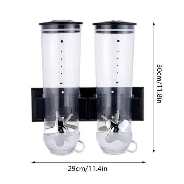 Wall-mounted 2 Barrel Cereal Dispenser, Food Grain Storage Tanks, Cereal Distributor with 2 Cups, Coffee Beans Rice Container