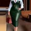 Womens Shirt Collar Dresses New Autumn Buttons Long Sleeve PU Leather Patchwork Pocket Skinny Belted Lapel Female Midi Dress