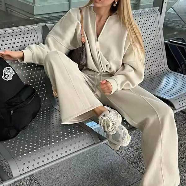 HH Women's Fall 2-Piece Retro Solid Color Zip Bomber Jacket Sweatshirt+High Waist Lace Up Women's Wide Leg Pants Street Wear