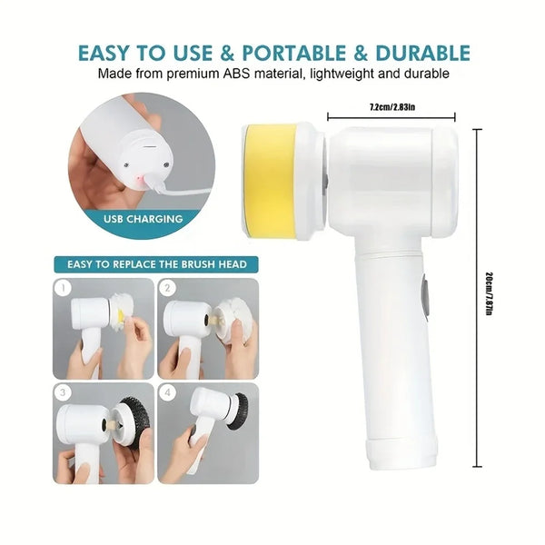 5-in-1 Multifunctional Wireless Electric Cleaning Brush USB Rechargeable Handheld Power Scrubber for Kitchen Bathroom Tub Tile F