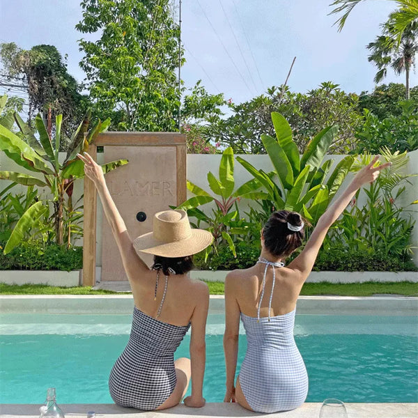 2024 New Women's One-Piece Swimsuit Blue Plaid Cover-Up Bikini Sexy Girl Style Comfortable Fit Swimming Suit Casual Swimwear