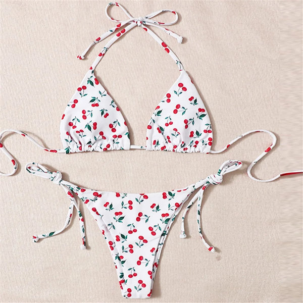 XS - L Cherry Printed Halter Strappy Bikini Female Swimsuit Women Swimwear Two-pieces Bikini set Bather Bathing Suit Swim V4894
