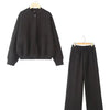 HH Women's Fall 2-Piece Retro Solid Color Zip Bomber Jacket Sweatshirt+High Waist Lace Up Women's Wide Leg Pants Street Wear