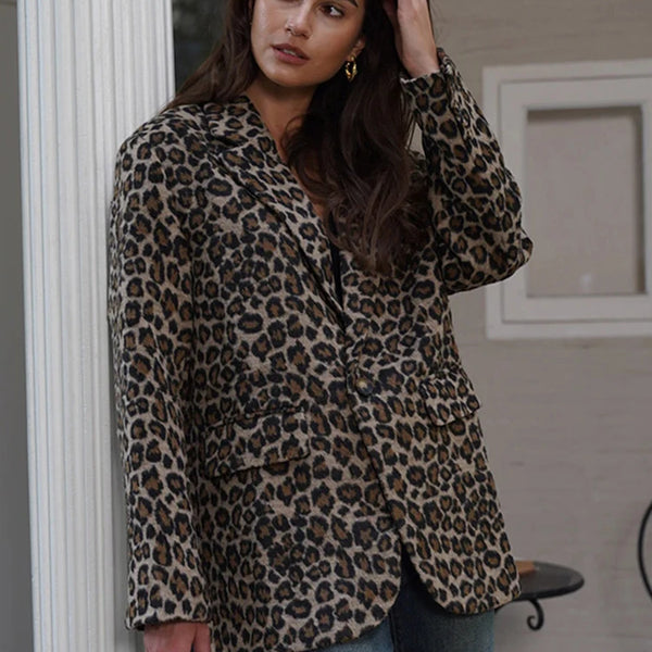 Vintage Leopard Women's Jacket Suit Casual Turndown Collar Women Coat Fashion V-neck Long Sleeve Jackets Autumn New Coats