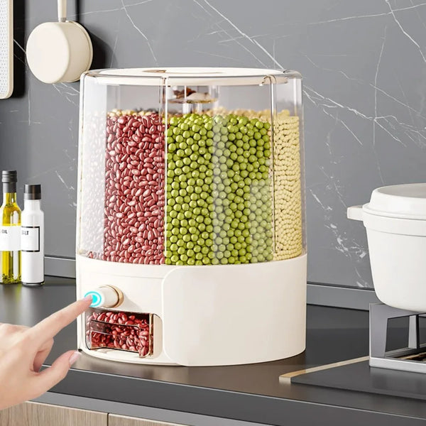 6-Grid Rotating Grain Dispenser, Sealed Moisture-Proof Rice Storage Container, Kitchen Cereal Organizer for Flour, Dry Food