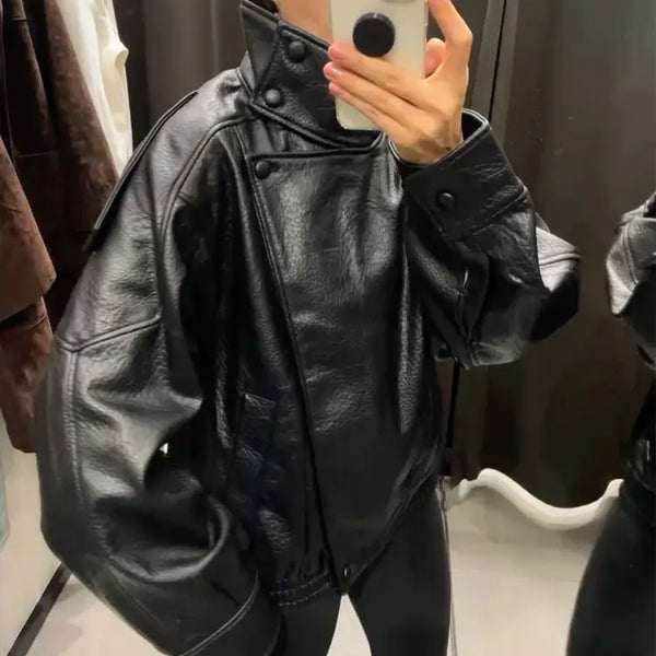 HH Autumn Faux Leather Jacket For Women Casual Solid Long Sleeve Zipper Pu Leather Coats New Fashion Female Streetwear