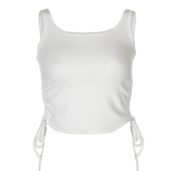 Ruched Sleeveless Tank Tops Tees Women Solid Casual Fashion Crop Top Ladies High Street Tie Up Croptop Summer Fitness