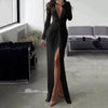 Women Maxi Dress Autumn 2023 New Fashion Sexy Slit V Neck Long Sleeve Solid Slim Pleated Evening Party Prom Dresses