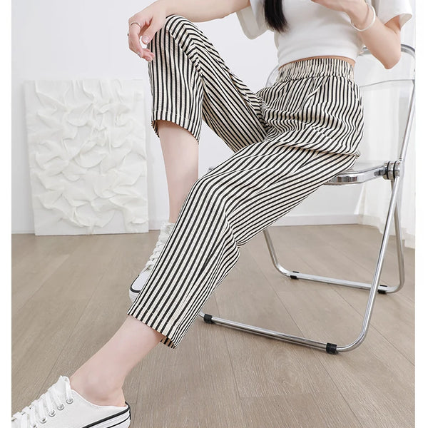 Women's Casual Vertical Striped Comfortable Breathable Elastic Waist Belted Daily Wear Casual Tapered Crop Pants With Pockets
