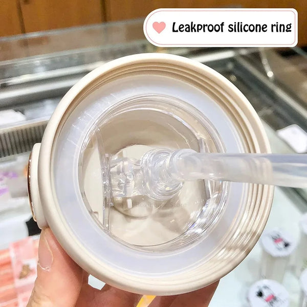 380ml/580ml Plastic water bottle for girls with leather sleeve strap straw Portable Leak-proof Anti Drop Sippy Cups for camping