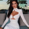 Elegant Party Dresses For Women Fashion Sexy Solid Full Sleeves Hollow Out Turtleneck Sheath Hip Wrap Long Vestidos Robes Female