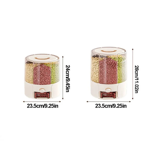 6-Grid Rotating Grain Dispenser, Sealed Moisture-Proof Rice Storage Container, Kitchen Cereal Organizer for Flour, Dry Food