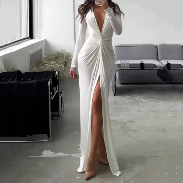 Women Maxi Dress Autumn 2023 New Fashion Sexy Slit V Neck Long Sleeve Solid Slim Pleated Evening Party Prom Dresses
