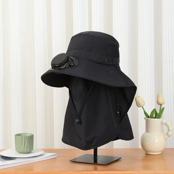 Men Fan Hat With Solar Panel Wide-Brimmed Shawl Fishing Hat Solar USB Charging UV-Protection Outdoor Hat