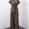 Lace Up Irregular Top Pants Suits Women Elegant V-neck Short Sleeve Belt Slim Tops High Waist Wide Leg Trousers Chic Ladies Sets